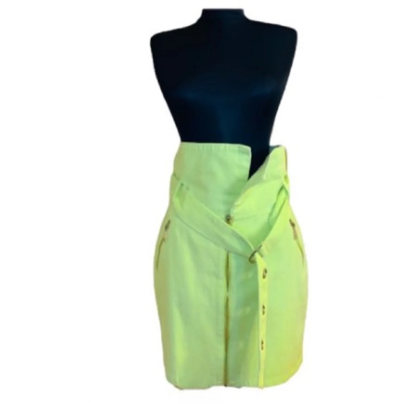 NEW Know One Cares Neon Belted Paper Bag High Waist Fold Over Neon Lime Skirt - Picture 2 of 5